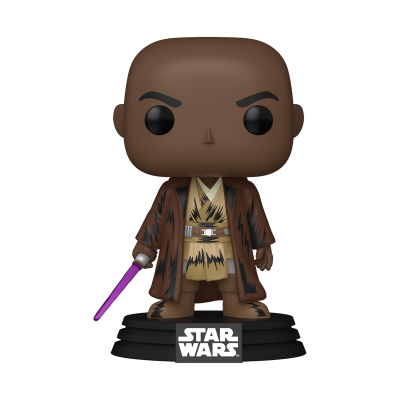 Figura Funko Pop personagem Star Wars com espada luminosa roxa