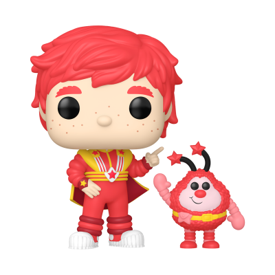 Funko Pop de personagem com roupa vermelha e capa amarela, ao lado de figura pequena peluda vermelha com estrelas nas antenas.