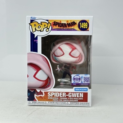 Figura Funko Pop Spider-Gwen numa embalagem branca com detalhes coloridos