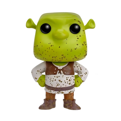 Figura Funko Pop do Shrek verde com colete castanho e camisa branca manchada