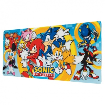 Tapete com personagens do Sonic the Hedgehog em fundo azul e amarelo com texto central