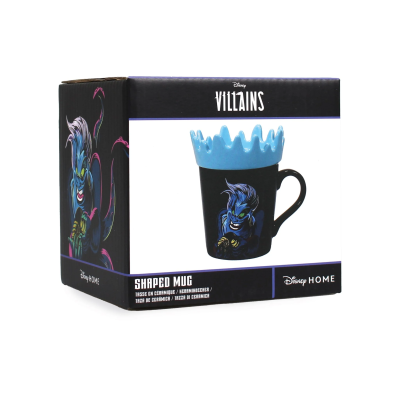 Caneca Disney Vilains com tampa azul em forma de coroa na caixa