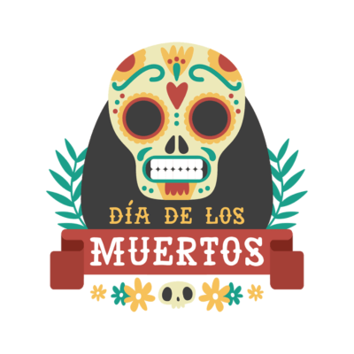 Caveira decorada com texto Día de los Muertos e elementos florais