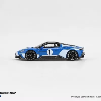 Miniatura de carro desportivo azul e branco com número 1