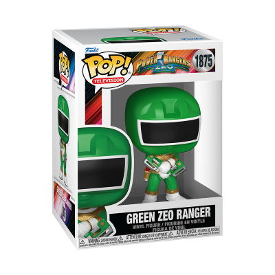 Figura Funko POP! Green Zeo Ranger na embalagem com design Power Rangers Zeo
