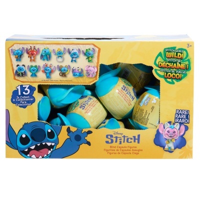 Embalagem de figuras surpresa Disney Stitch com cápsulas azuis e 13 personagens colecionáveis.