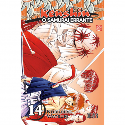 Capa do manga Kenshin O Samurai Errante volume 14 com ilustração de personagens em roupa tradicional japonesa