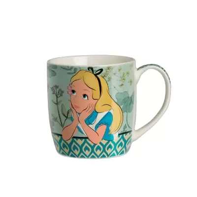 Caneca de cerâmica com imagem de menina loira e padrão floral verde