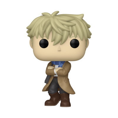 Figura Funko Pop com cabelo loiro, casaco castanho e cachecol azul xadrez