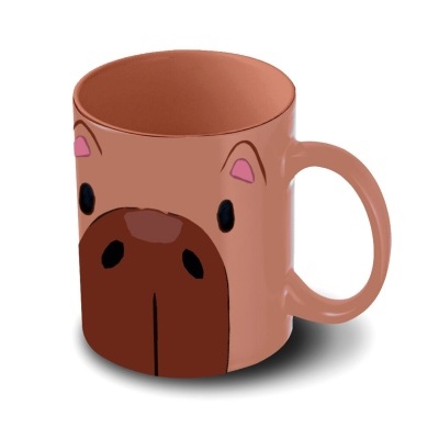 Caneca rosa com estampa de rosto de animal com focinho castanho
