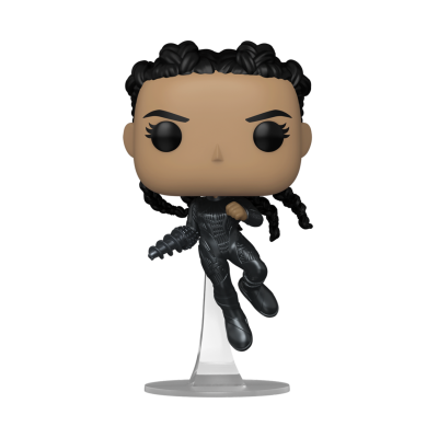 Boneco Funko Pop personagem feminina de fato preto em base transparente