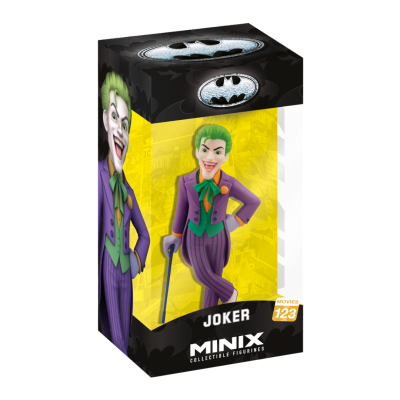 Figura colecionável do Joker em caixa com cores preto, amarelo e símbolos do Batman