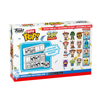 Caixa da coleção Funko Pop! Bitty Toy Story com várias figuras e texto promocional.