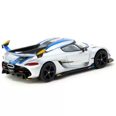 Miniatura de carro desportivo cinza com detalhes em azul e amarelo