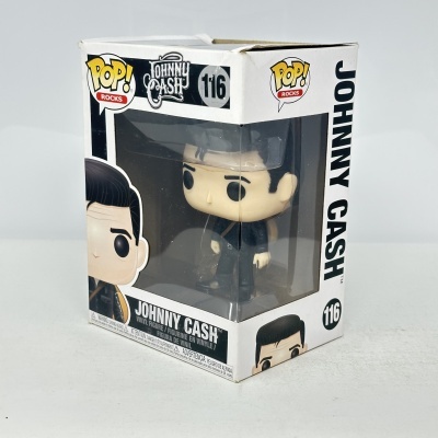 Figura Johnny Cash Funko POP! Rocks na caixa branca com detalhes gráficos e janela transparente