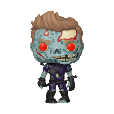 Figura colecionável tipo Funko Pop de personagem zumbi com roupa roxa e detalhes vermelhos