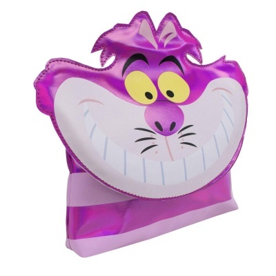 Bolsa roxa e rosa com rosto do Gato de Cheshire sorridente