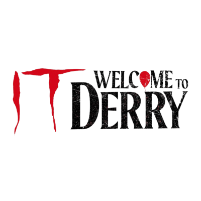 Texto estilizado IT WELCOME TO DERRY com balão vermelho na letra O