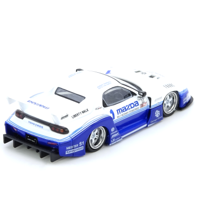 Miniatura de carro de corrida Mazda RX-7 branco e azul com textos e logótipos