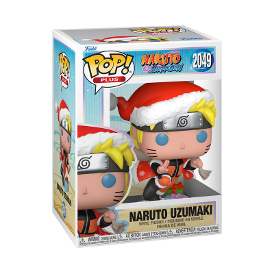 Figura Pop de Naruto Uzumaki com chapéu de Natal numa caixa colorida