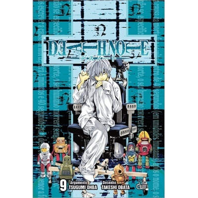 Capa do manga DEATH NOTE com personagem principal vestido de branco e bonecos coloridos no chão