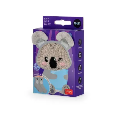 Embalagem de meias antiderrapantes adulto com design de koala cinza em fundo roxo