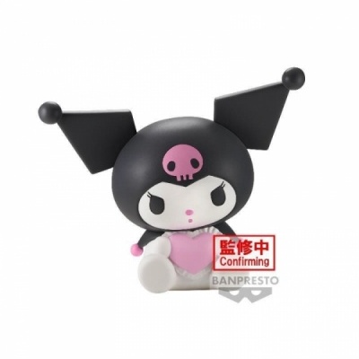 Figura de personagem com cabeça preta e crânio rosa segurando coração cor de rosa