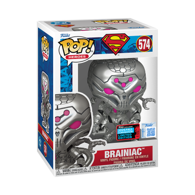Boneco Funko Pop Brainiac prateado e rosa na caixa original