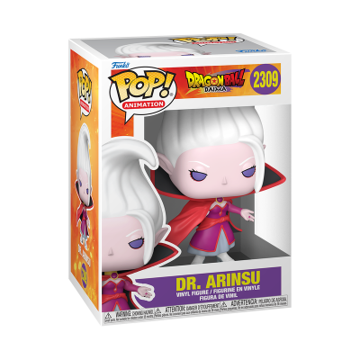 Figura de vinil Funko Pop Animation Dr. Arinsu com cabelo branco e roupa roxa em caixa