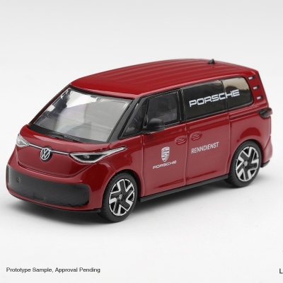 Miniatura de carrinha vermelha com logos Porsche e Volkswagen