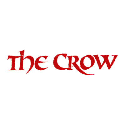 Texto vermelho THE CROW em fonte estilizada sobre fundo branco