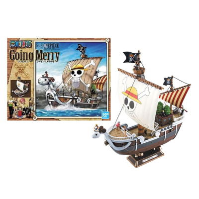 Modelo de navio pirata Going Merry com caixa e velas brancas com caveira de chapéu de palha