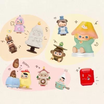 Miniaturas de figuras colecionáveis coloridas com várias formas e texto PUCKY HAPPY.