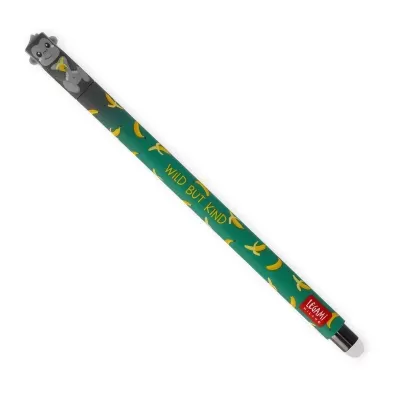 Caneta verde com padrão de bananas e texto WILD BUT KIND com tampa com desenho de macaco