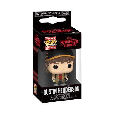 Figura Pop! chaveiro de Dustin Henderson em embalagem preta com texto