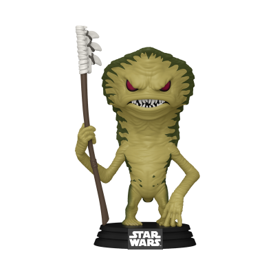 Figura colecionável Star Wars personagem verde com bastão e base preta.