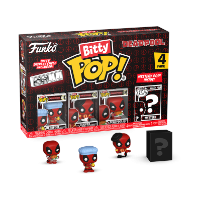 Caixa de 4 figuras colecionáveis Funko Bitty Pop! Deadpool com figuras vermelhas e pretas e uma bolsa preta misteriosa.