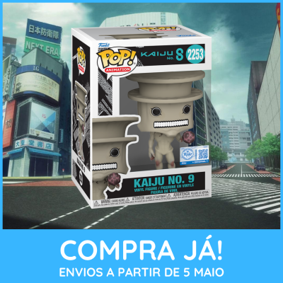 Funko Pop Kaiju No. 9 em caixa com fundo urbano e texto promoção