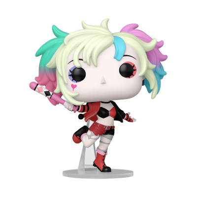 Figura Funko Pop de Harley Quinn com cabelo colorido e roupa vermelha