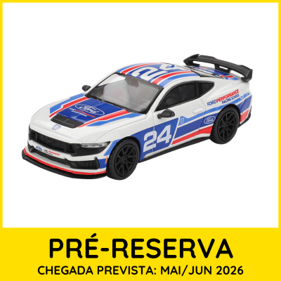 Modelo de carro de corrida Ford branco, azul e vermelho com número 24 e texto Ford Performance