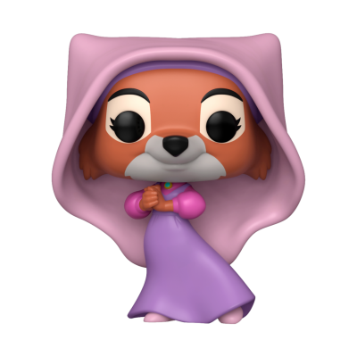 Figura Funko Pop personagem animal com túnica roxa e capuz rosa.