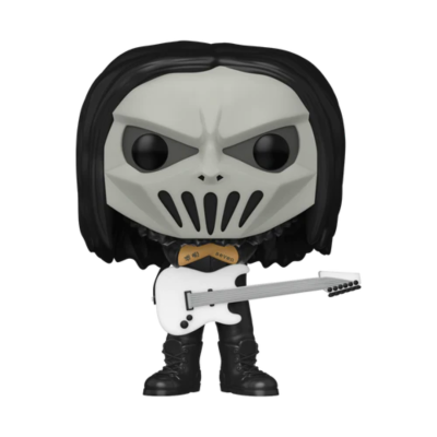 Boneco Funko Pop com máscara cinza, cabelo preto e guitarra elétrica branca