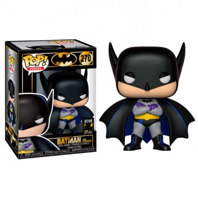 Figura de vinil Funko Pop! do Batman com capa preta e roupa cinza na caixa.