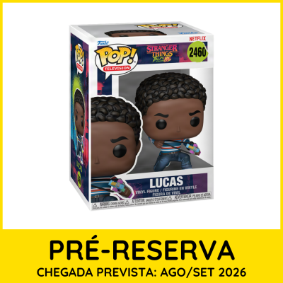 Figura Funko Pop do personagem Lucas da série Stranger Things em caixa