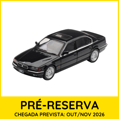 Miniatura de carro BMW preto com moldura amarela e texto de pré-reserva