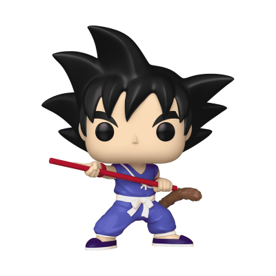 Funko Pop Goku cabelo preto roupa azul segurando bastão vermelho