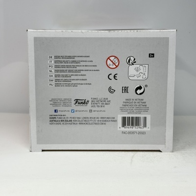 Parte traseira da embalagem Funko Pop com texto e símbolos