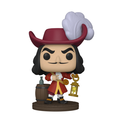 Figura Funko Pop com chapéu vermelho e penas brancas, segurando lanterna e chave, com barril na base