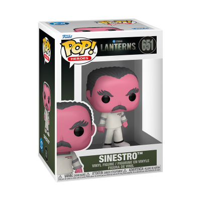 Funko Pop! Heroes figurine Sinestro em caixa com fundo branco e detalhes em preto