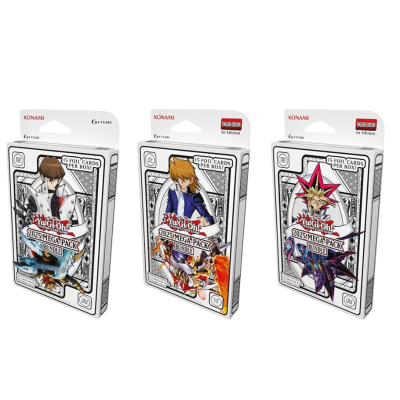 Três pacotes de cartas Yu-Gi-Oh! 2023 MEGA PACK com personagens diferentes em fundo branco.